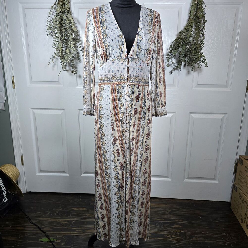 Always Indigo Floral Lace Maxi Dress Jacket Long Sleeve Sheer Button Front Boho